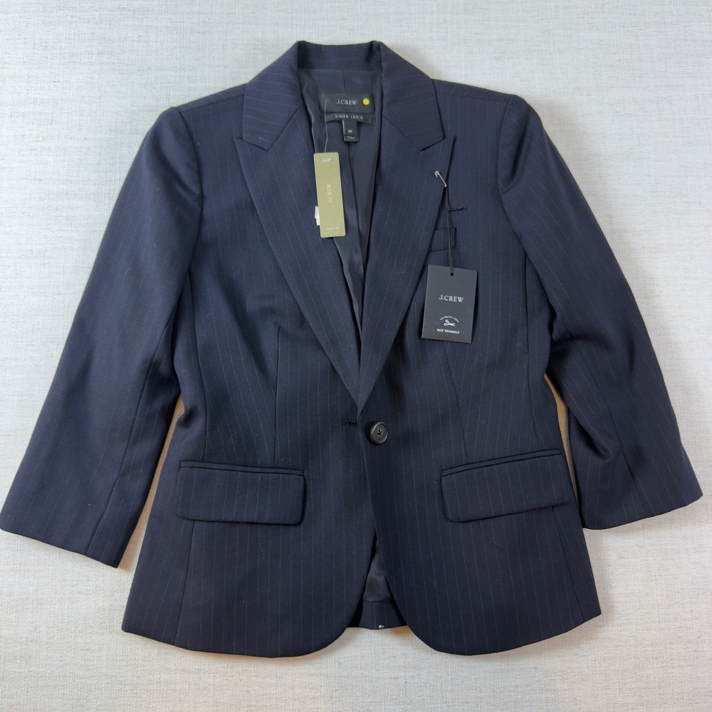 NWT J.Crew Super 120s Wool Blazer Womens 0P Navy Blue Pinstripe 1 Button Petite